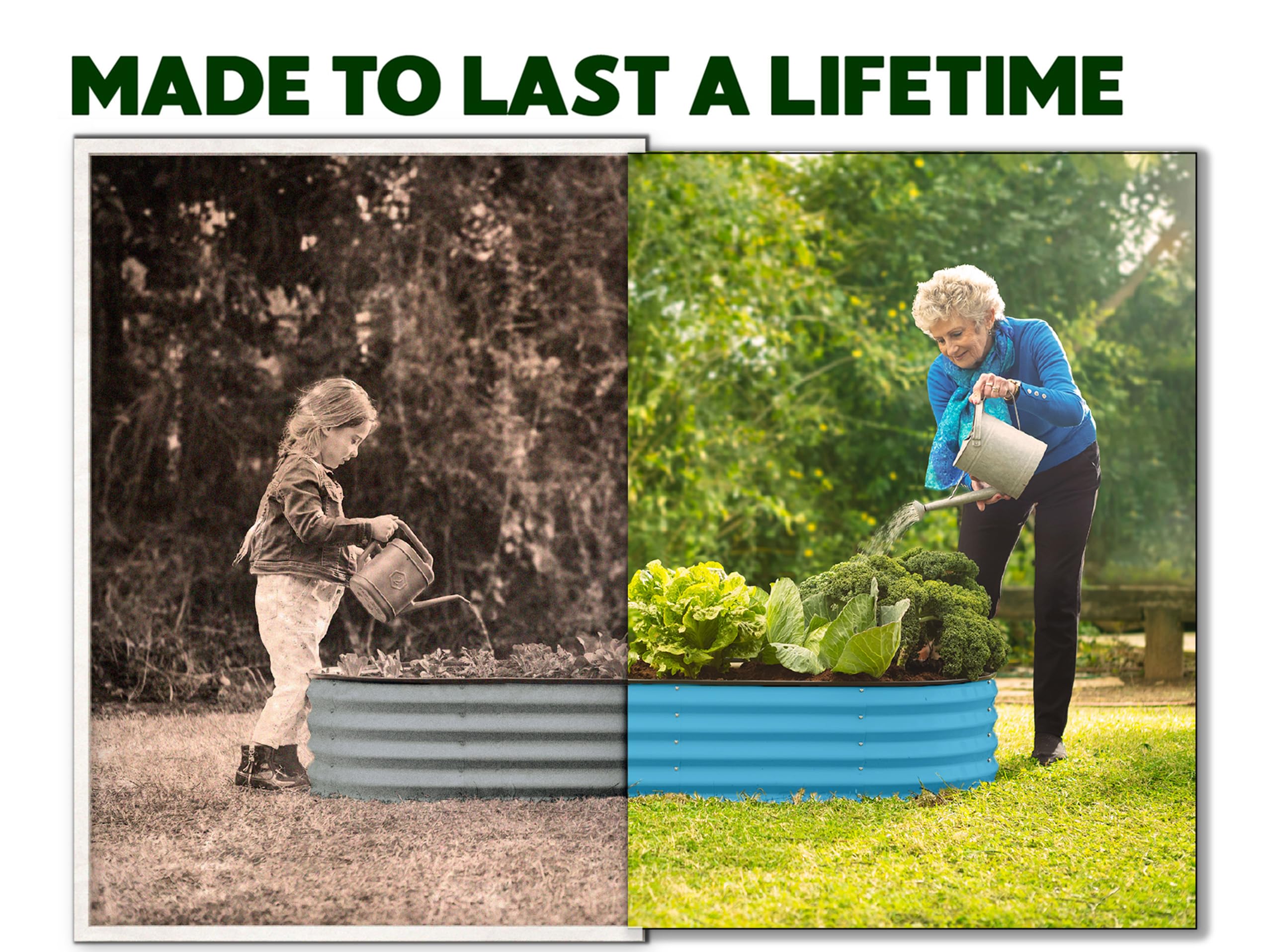 Plant & Plot galvanized raised bed teal side view emphasizing accessible planting and space efficiency.