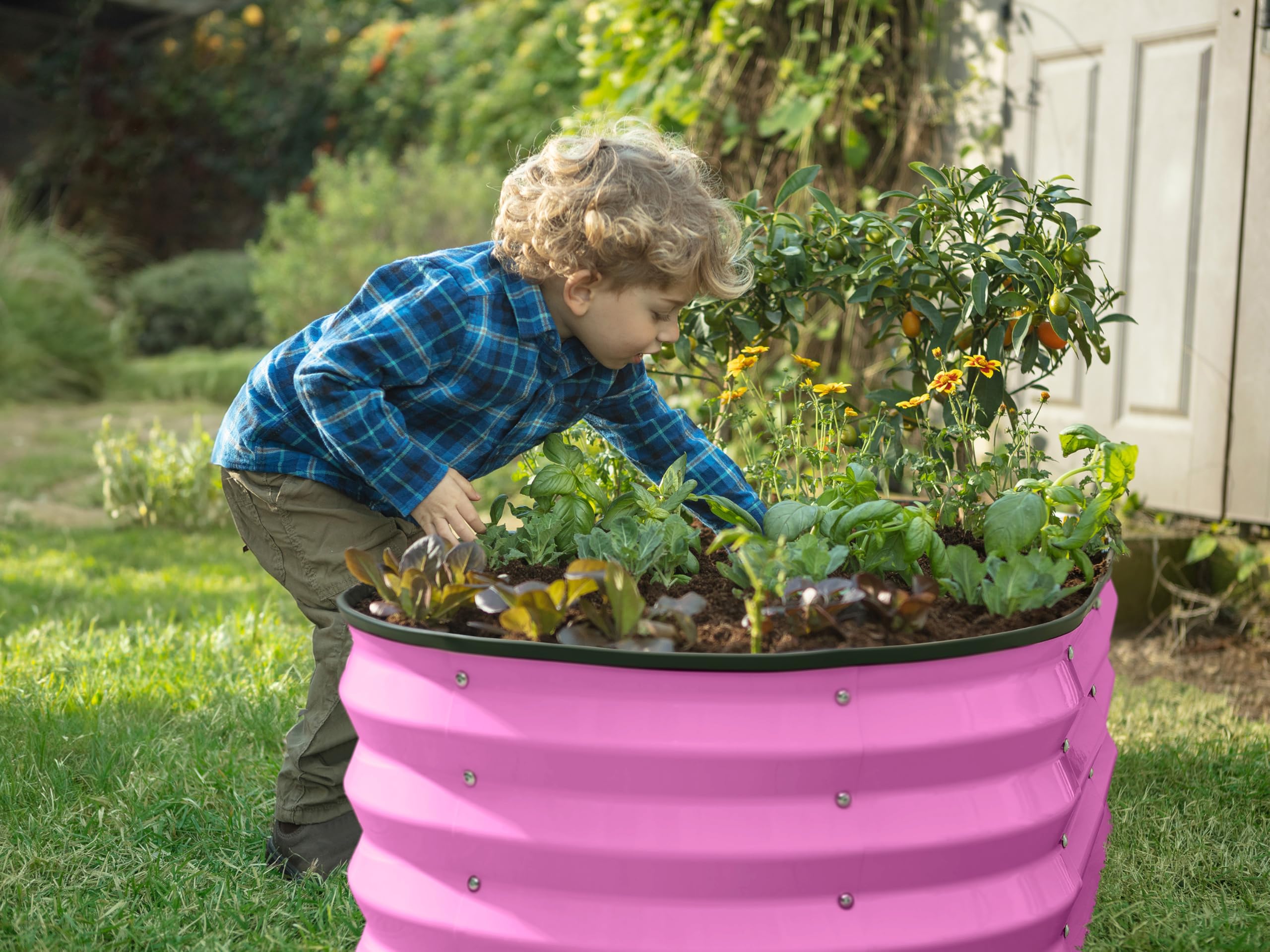 Pink Plant & Plot bed fits a backyard corner and tight spaces