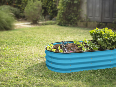 Plant & Plot teal garden box image conveying spacious growing area for vegetables and blooms.