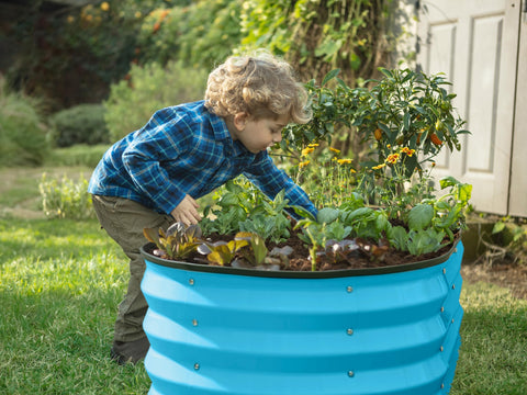 Plant & Plot teal outdoor garden bed illustrating rust-resistant construction for seasons of use.