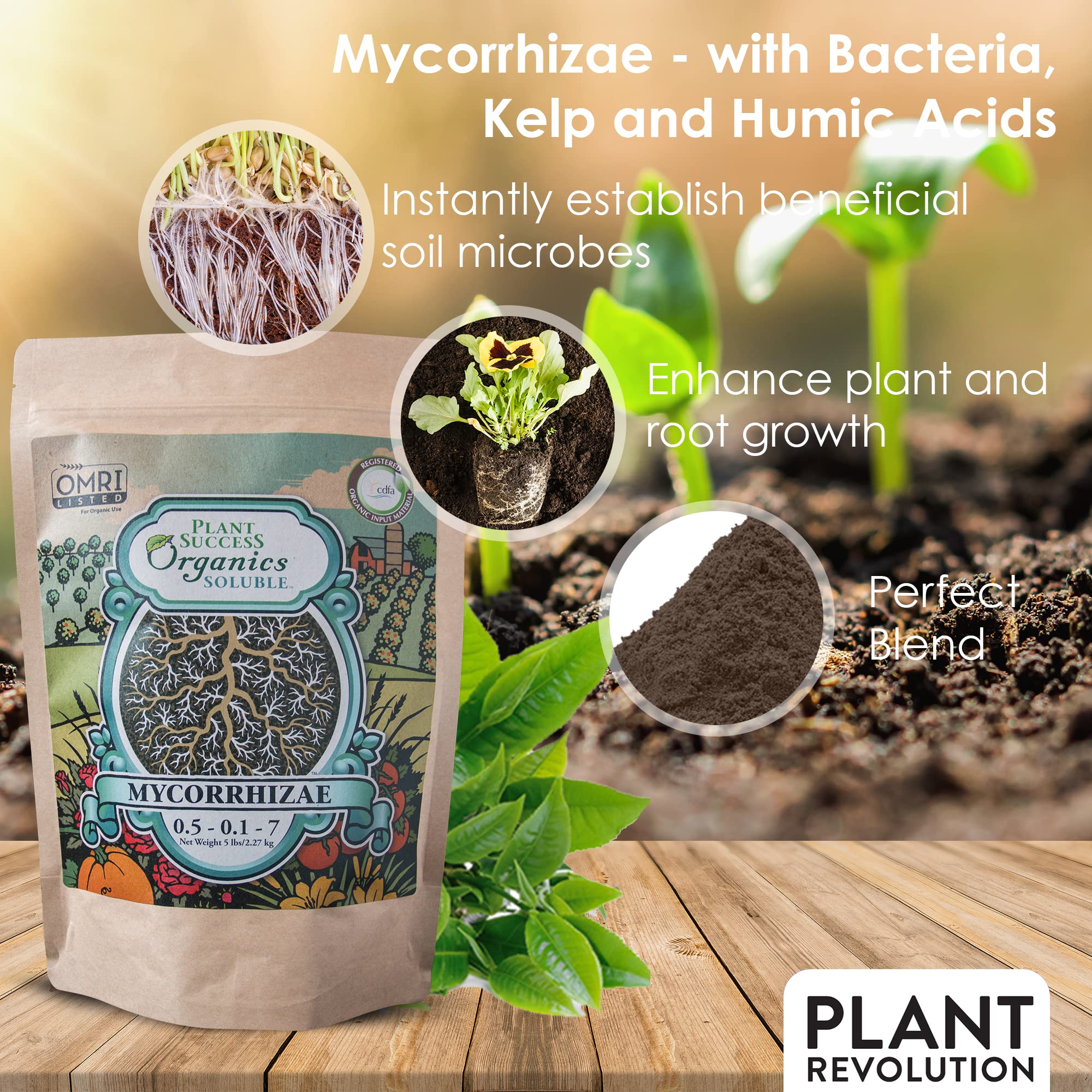 Plant Success Organics Soluble Mycorrhizae three-microbe blend image highlights microbial trio for soil health