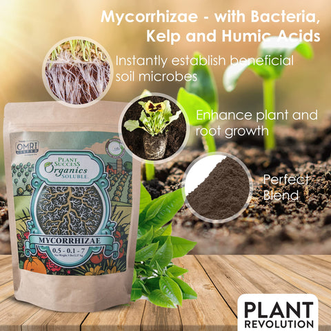 Plant Success Organics Soluble Mycorrhizae three-microbe blend image highlights microbial trio for soil health