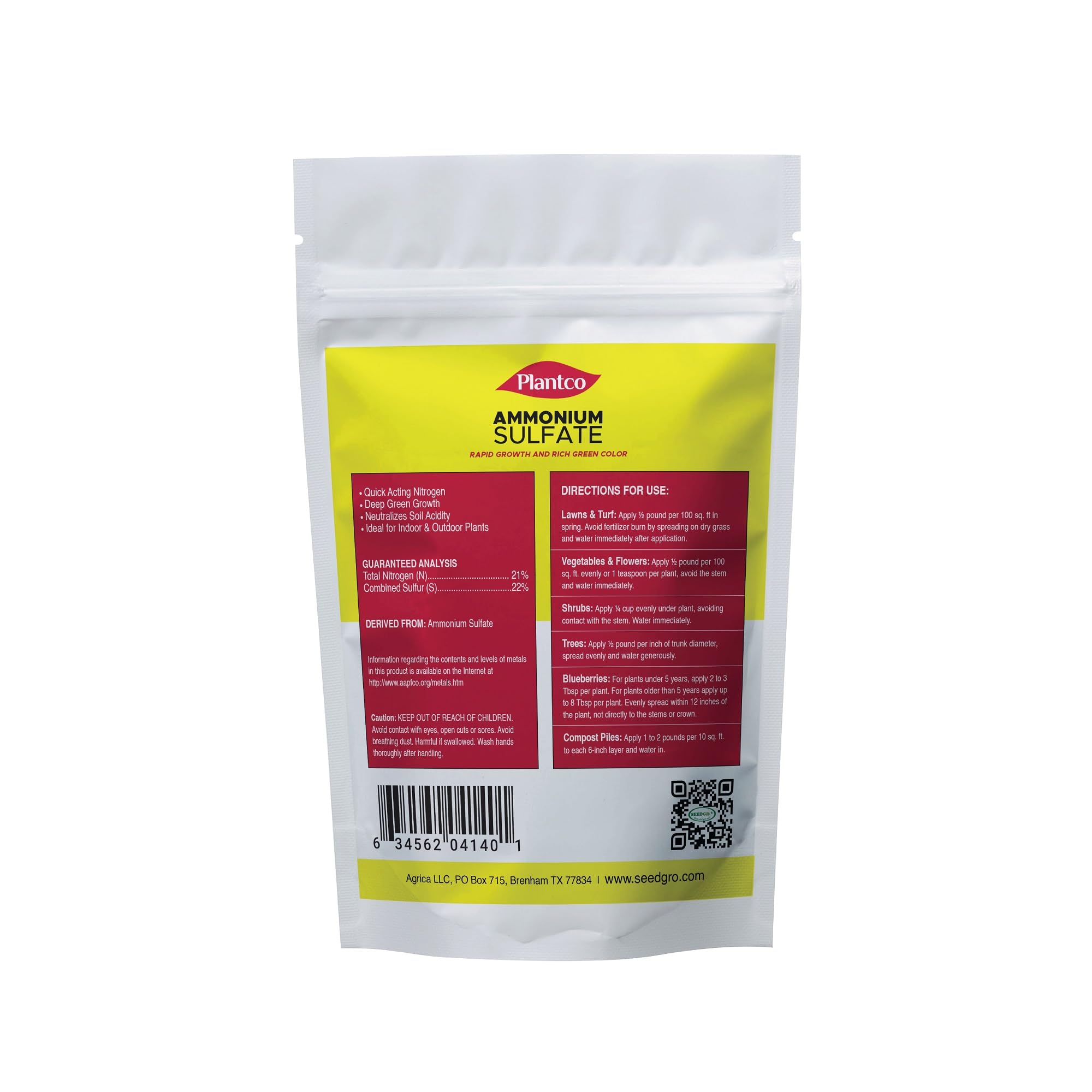 Spread application of PlantCo Ammonium Sulfate 21-0-0 on soil around plants.