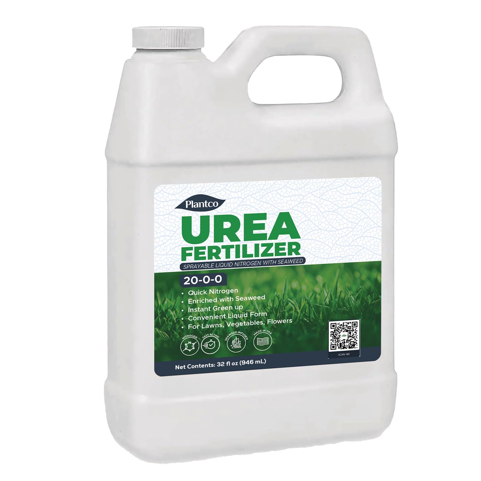 PlantCo Liquid Urea with Seaweed bottle applying to lawn for fast green-up.