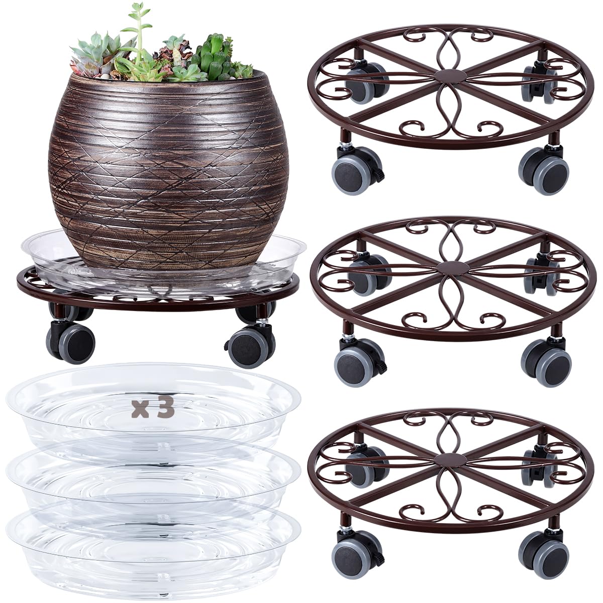 Planterhoma 3-pack plant caddy with wheels in bronze finish for effortless indoor repositioning