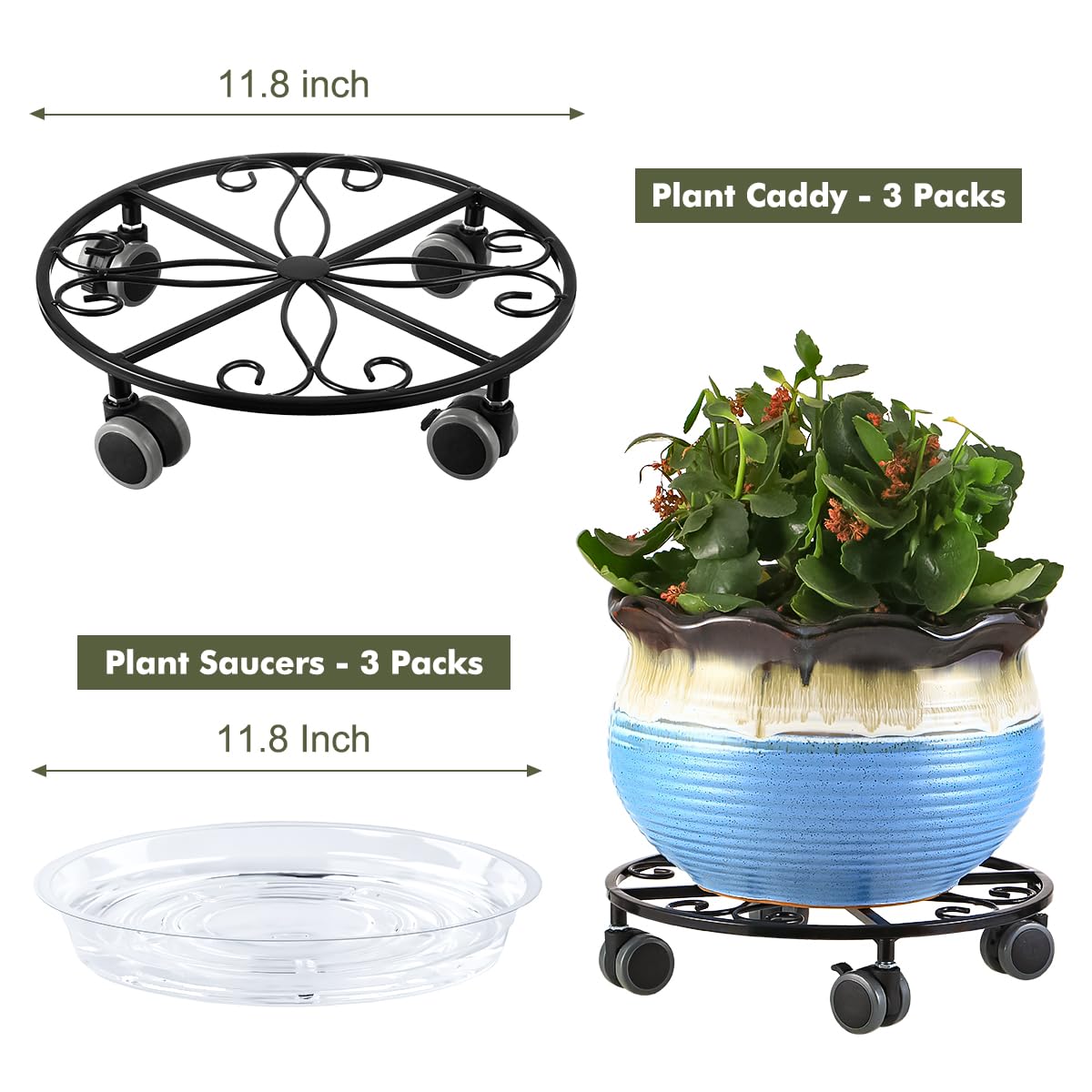 Planterhoma rolling plant stand with four wheels and smooth movement