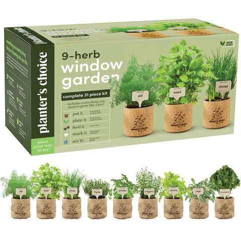 Planters' Choice nine-herb indoor garden kit on a sunny windowsill for fresh herbs
