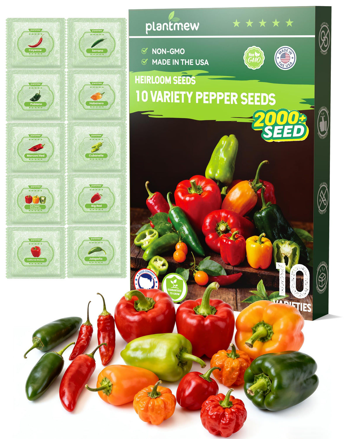 PLANTMEW 10-variety pepper seeds kit in fresh packaging for a diverse home garden