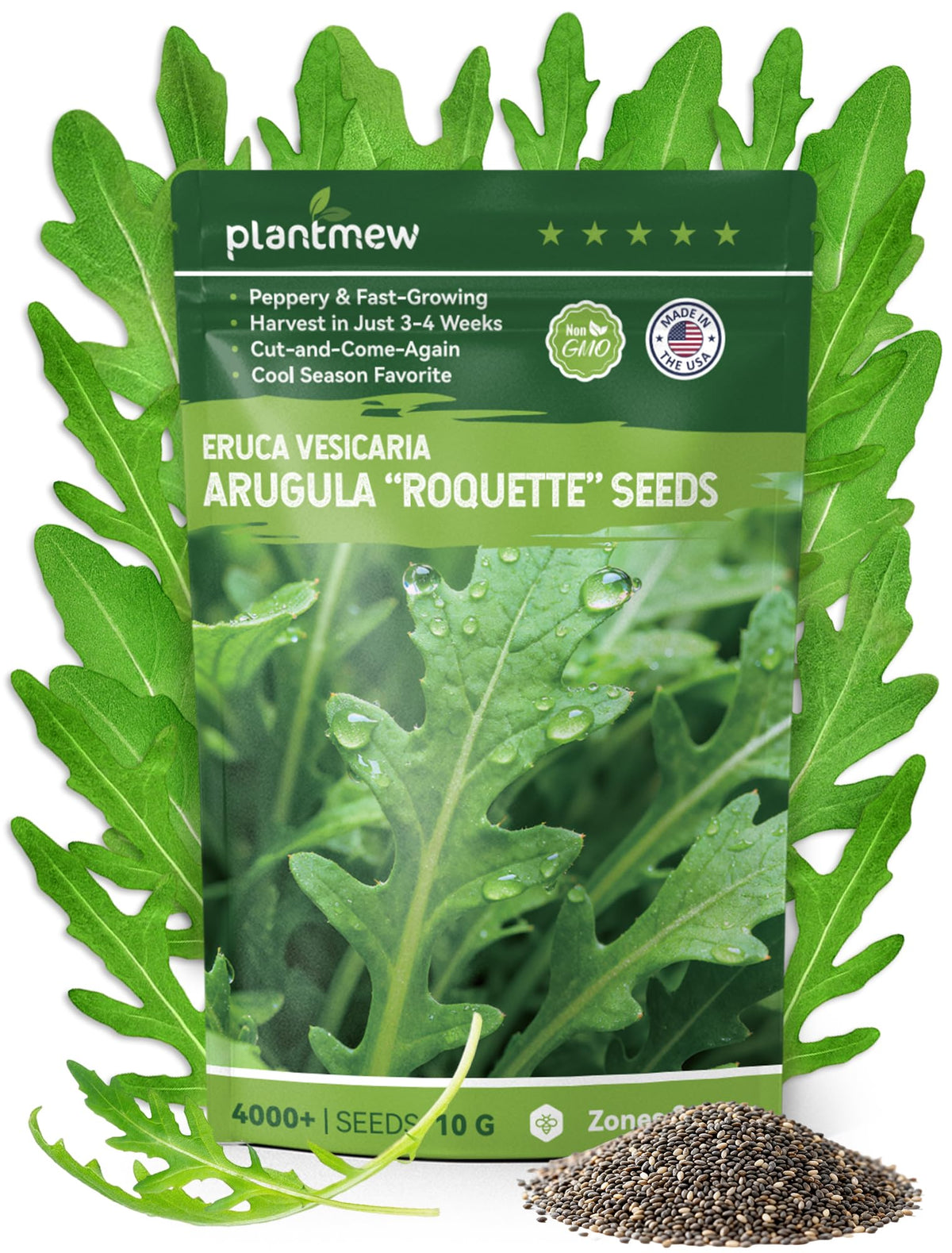 PlantMEW Arugula seeds packaging close-up, highlighting heirloom quality and quick harvest potential.