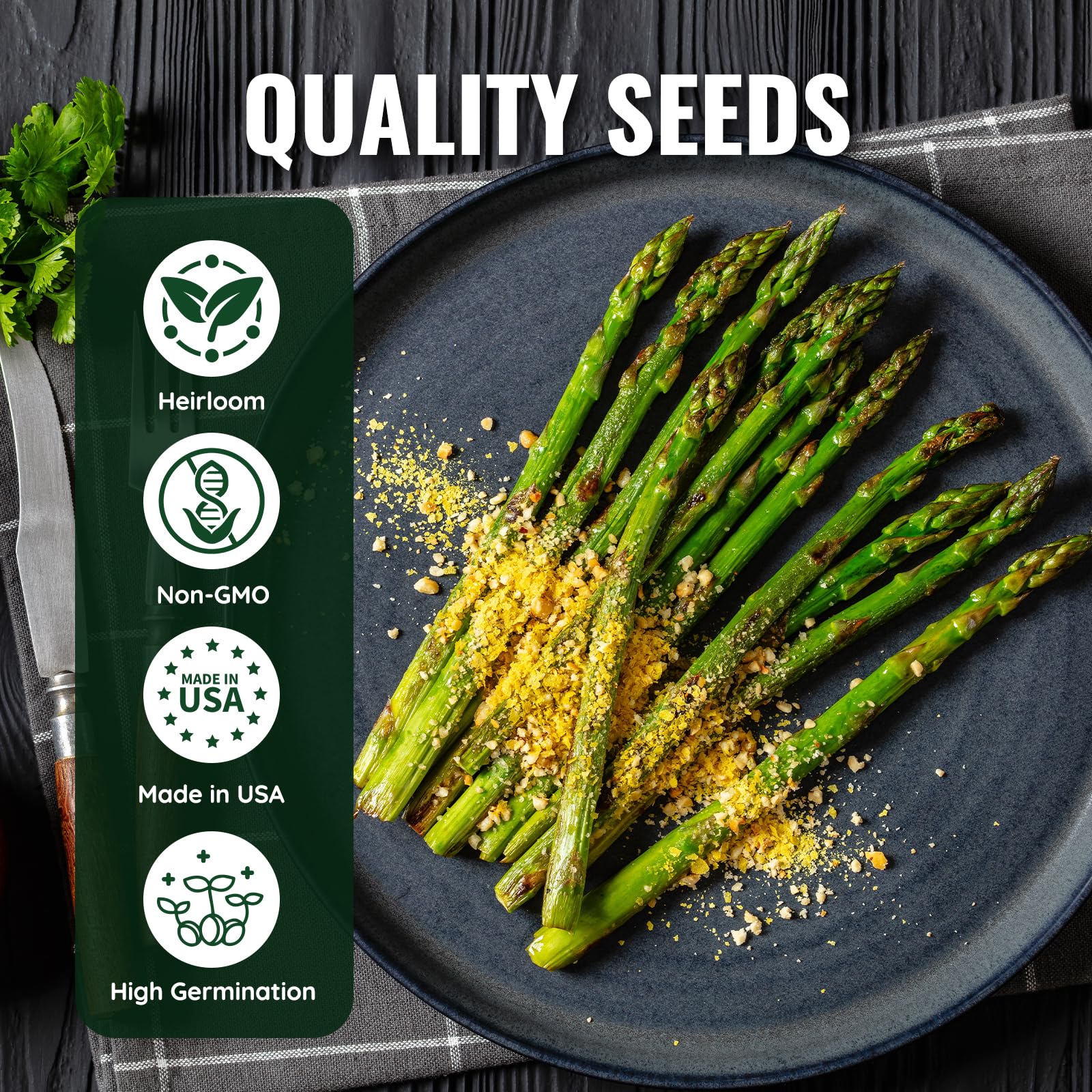 PLANTMEW asparagus spears close-up shows thick green harvest potential.