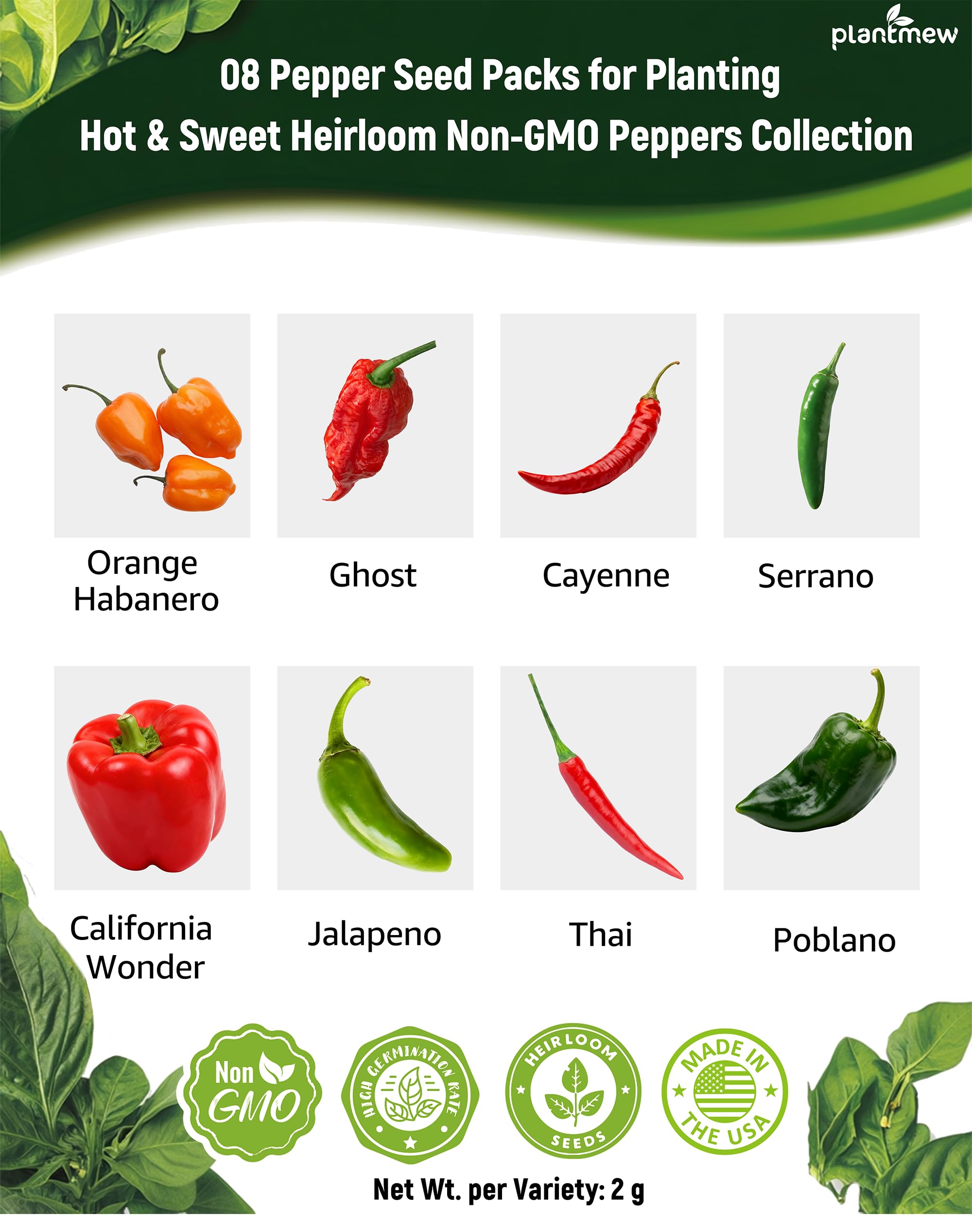 PlantMew Jalapeno pepper seeds close-up for fast-growing, everyday cooking peppers.