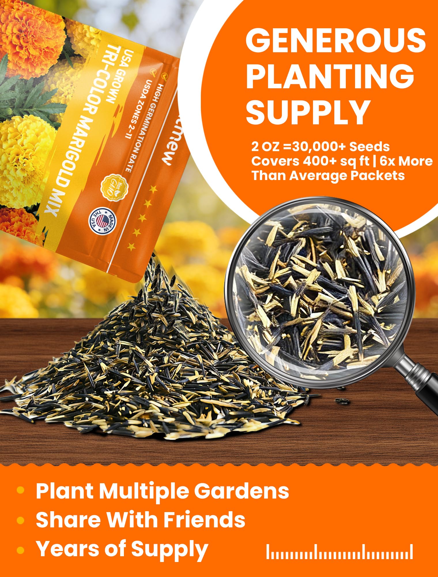 Close-up view of PLANTMEW marigold seeds for bulk planting.