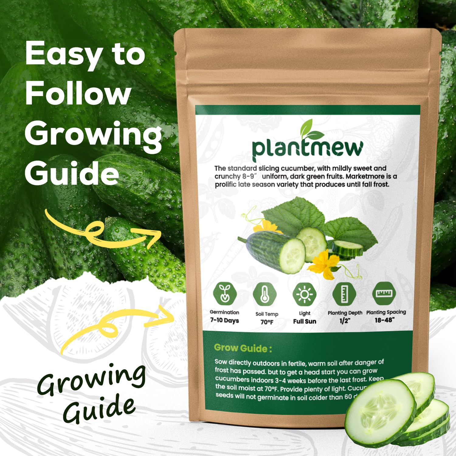 PLANTMEW Marketmore cucumber vines growing in a backyard garden.