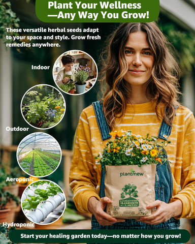 PLANTMEW outdoor garden layout with neat rows of medicinal herbs