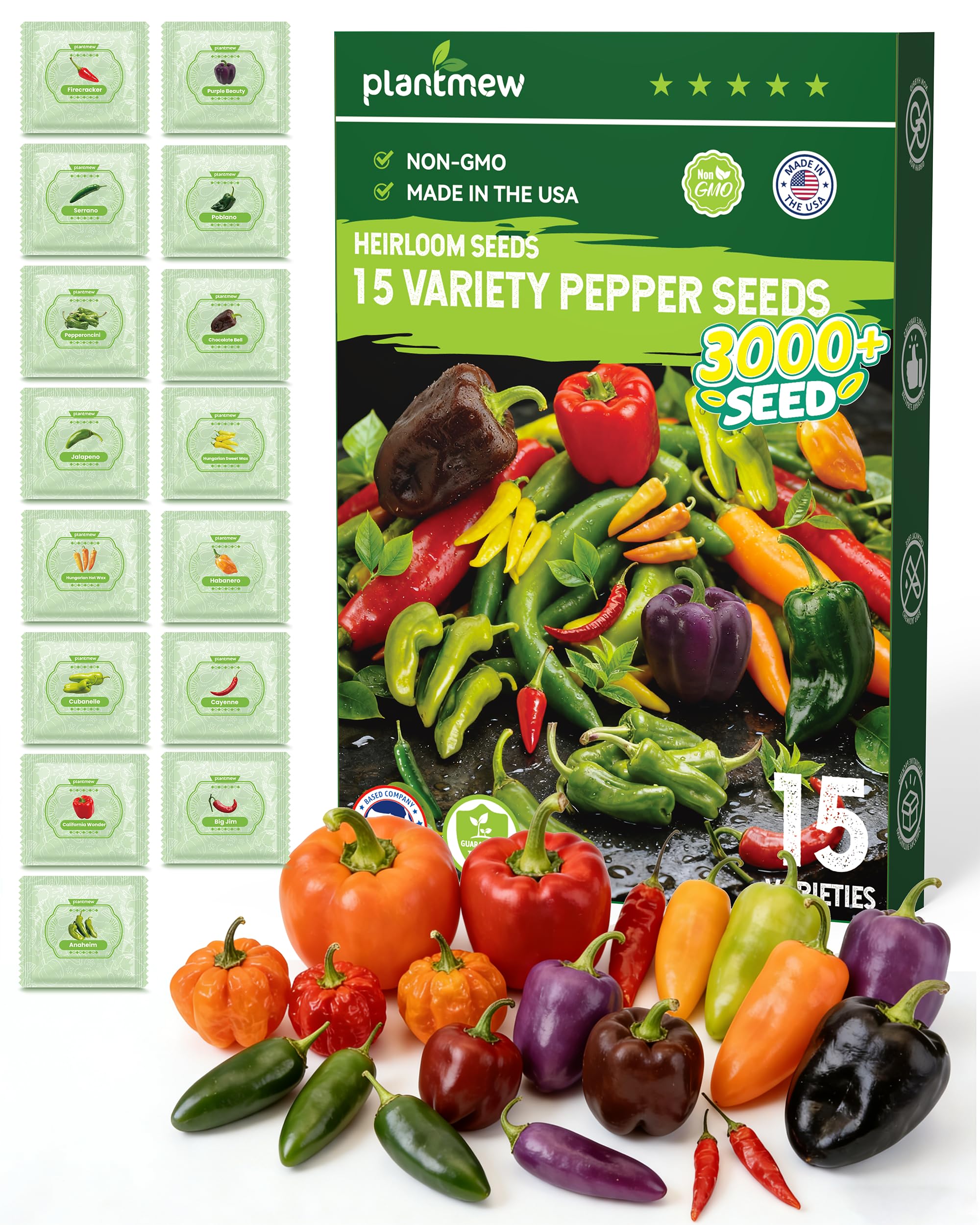 PLANTMEW pepper seeds collection showing 15 varieties for diverse harvests