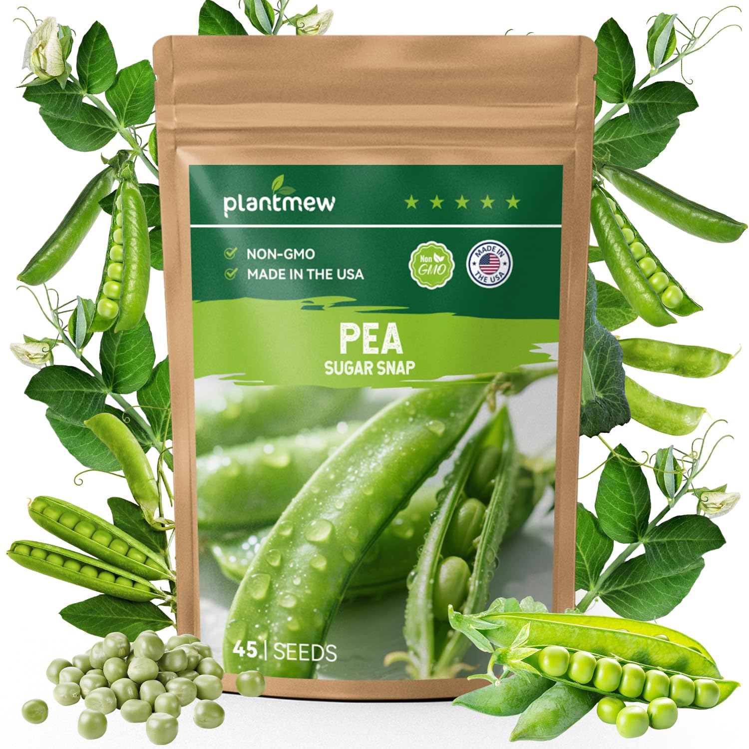 PLANTMEW Sugar Snap Peas on vine with crisp edible pods for fresh eating.