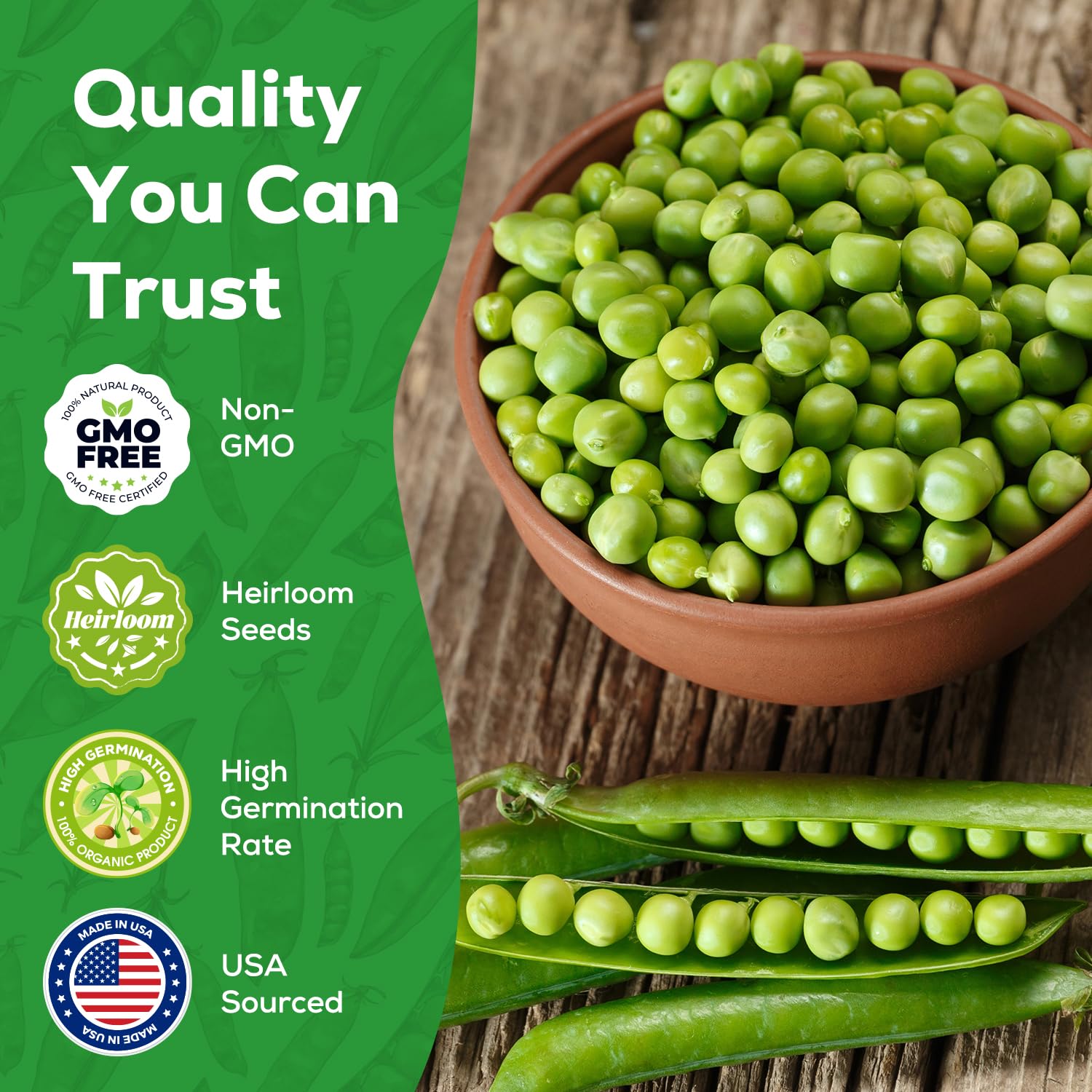 PLANTMEW Sugar Snap Peas seed packet showing 45 seeds for quick planting.