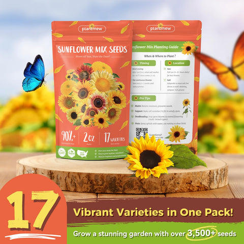 PlantMeW sunflowers variety catalog showing color, height, and bloom size diversity.