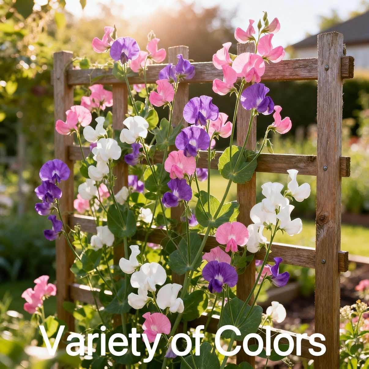 PLANTMEW Sweet Pea color varieties featuring pink, purple, and white blooms