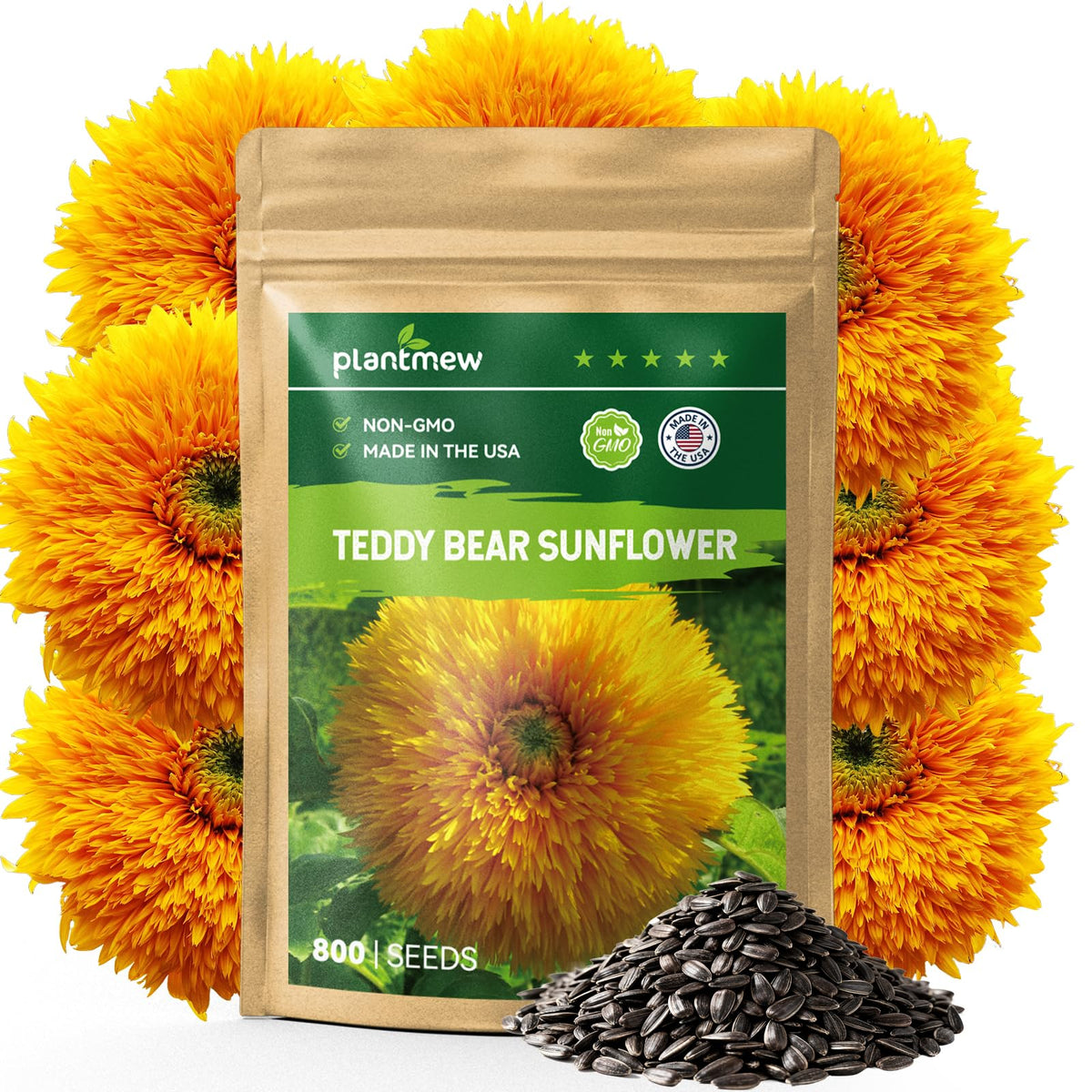 PLANTMEW teddy bear sunflower seeds packaging with planting guide for easy outdoor growing.