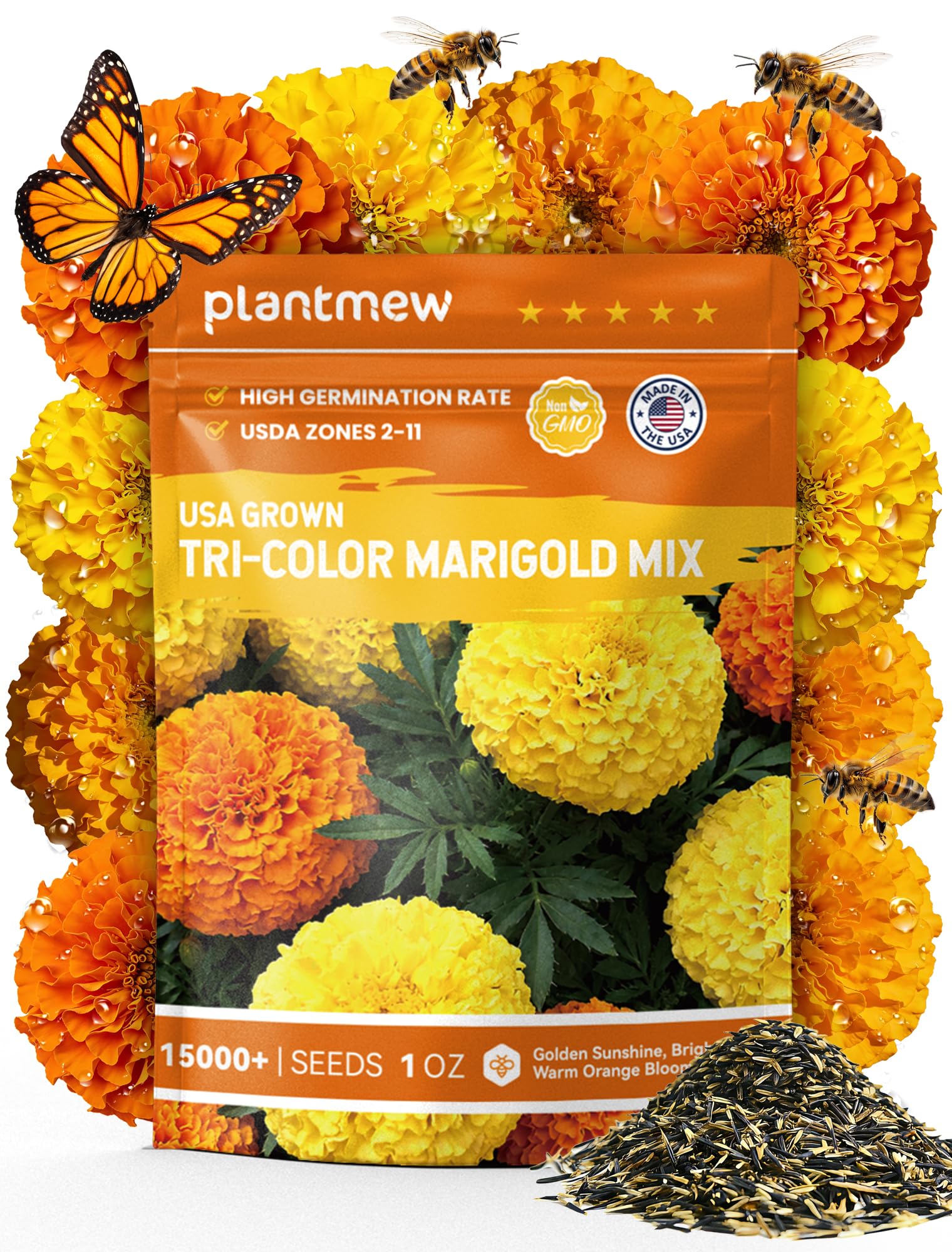 PlantMew tri-color marigold blooms close-up showing vibrant hues for borders.