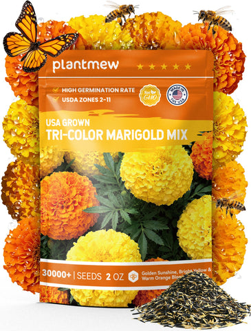 PLANTMEW Tri-Color Marigold seeds in a resealable bag for long freshness.