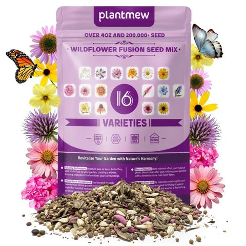PlantMEW wildflower seeds 4oz pack ready for pollinator-friendly garden.