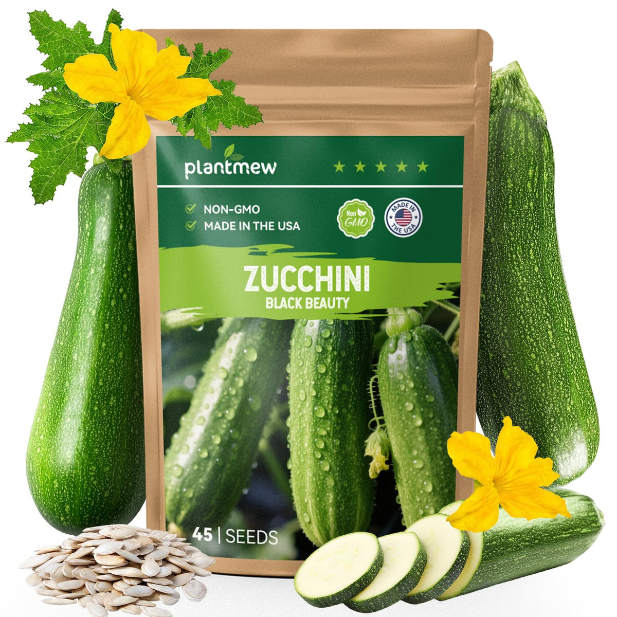 PlantMew zucchini seeds packet with 45 non-GMO seeds for home gardening