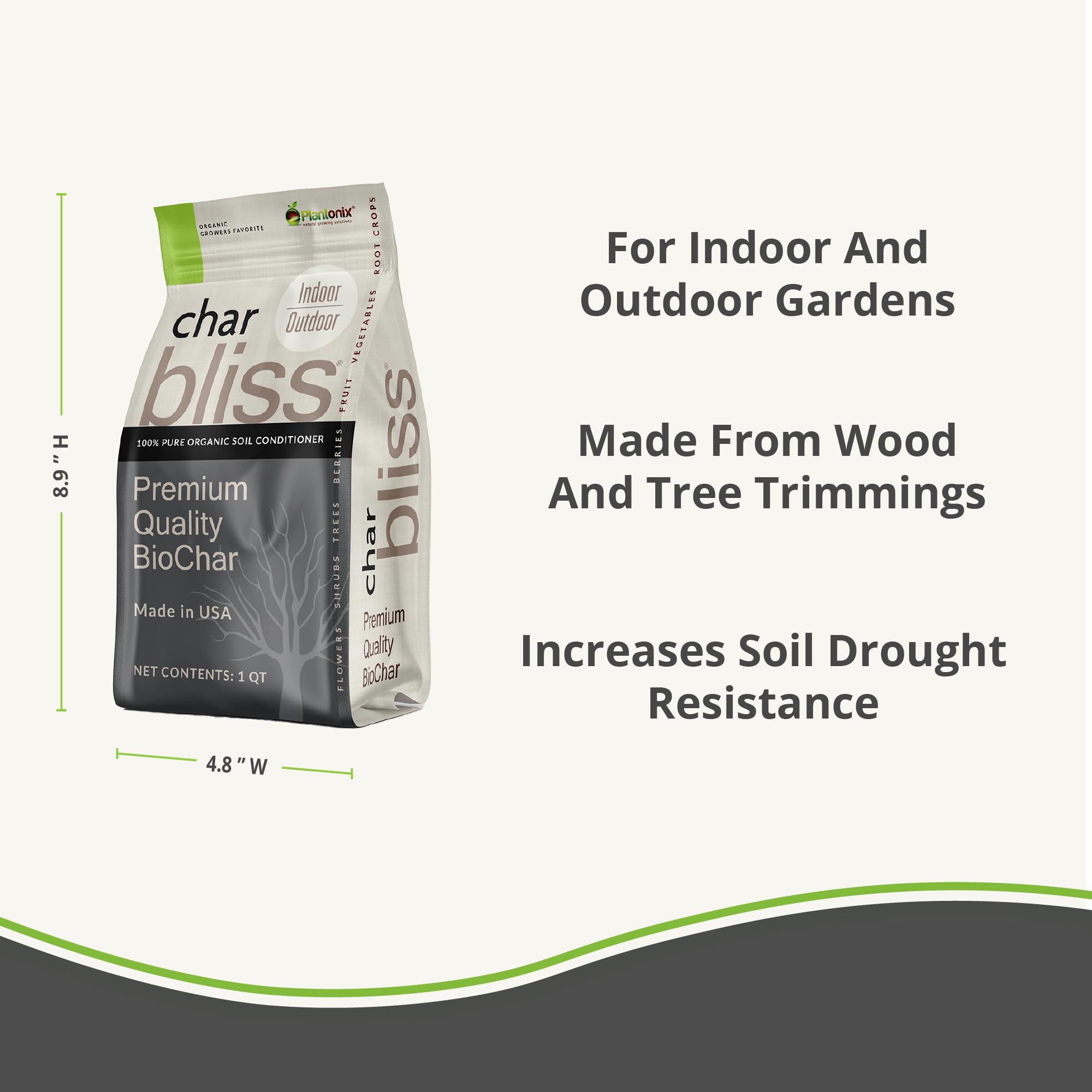 Plantonix Char Bliss bottle showcases biochar-enhanced soil conditioning.