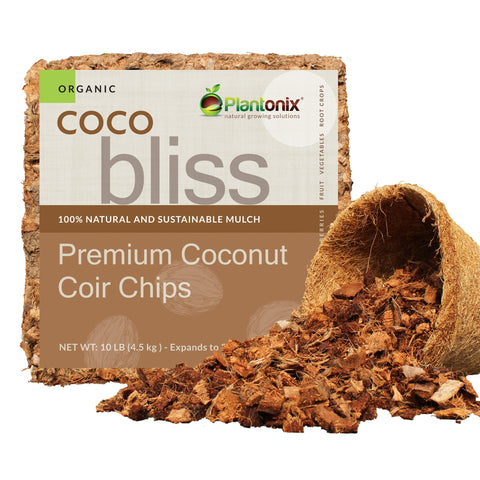 Plantonix Coco Chips packaging highlights sustainable storage and soil amendment use.