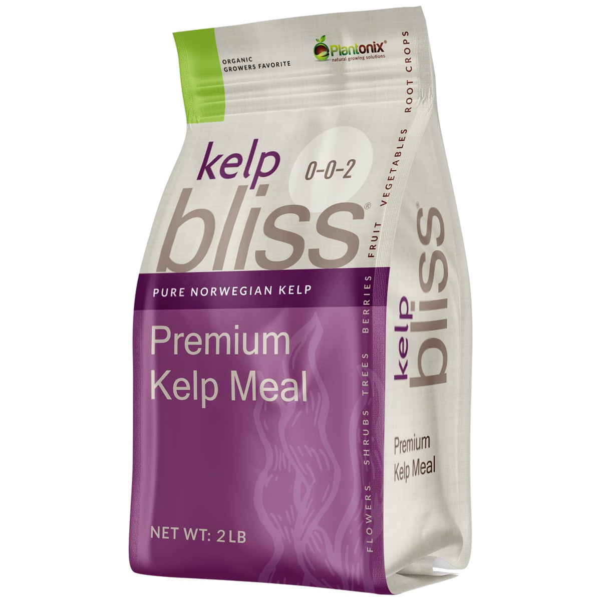 Plantonix Kelp Meal Fertilizer bag showing natural sea-derived nutrients for gardens.
