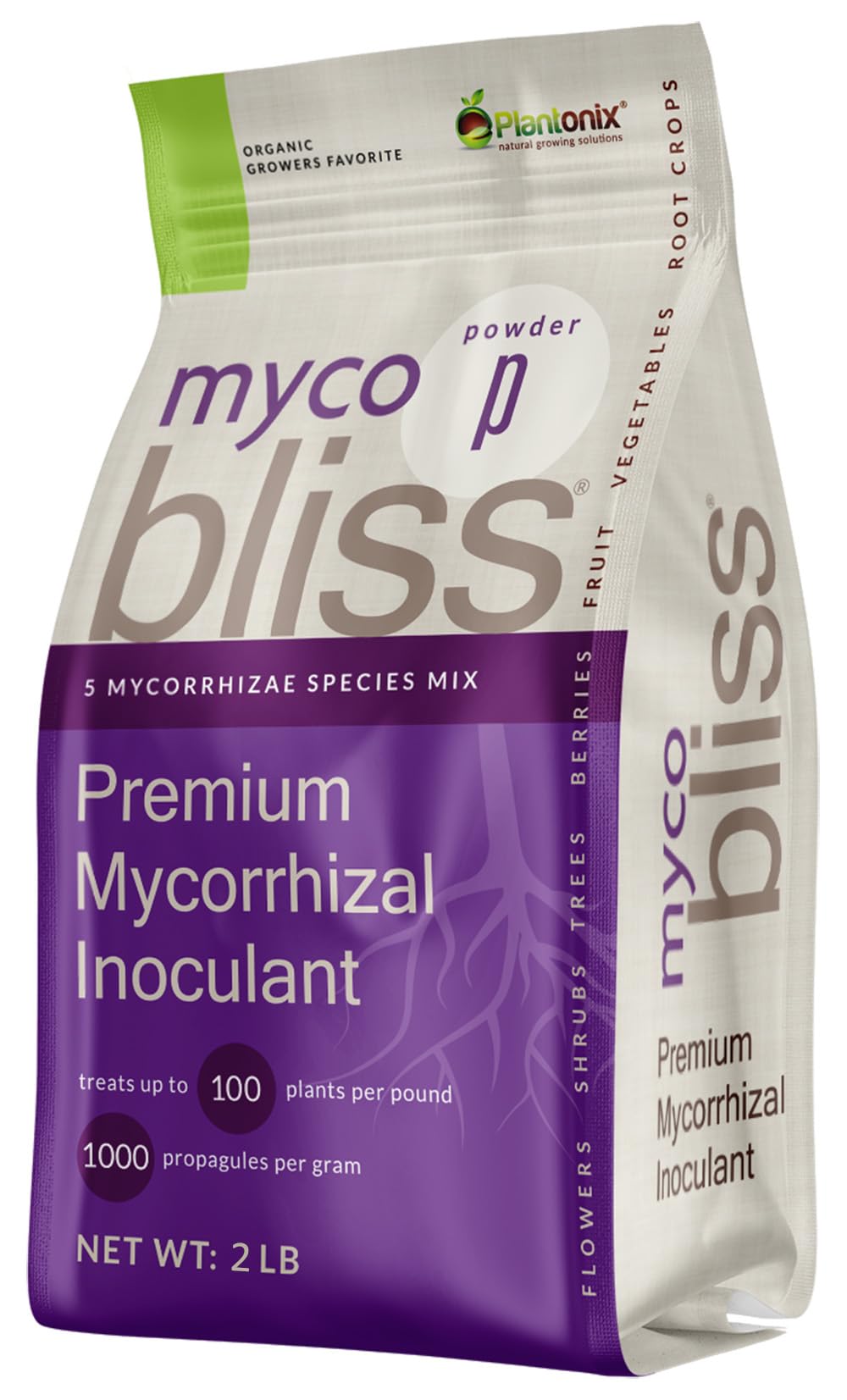 Plantonix Myco Bliss Powder front label shows a five-strain formula for healthier roots.