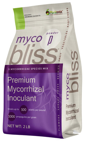 Plantonix Myco Bliss Powder front label shows a five-strain formula for healthier roots.