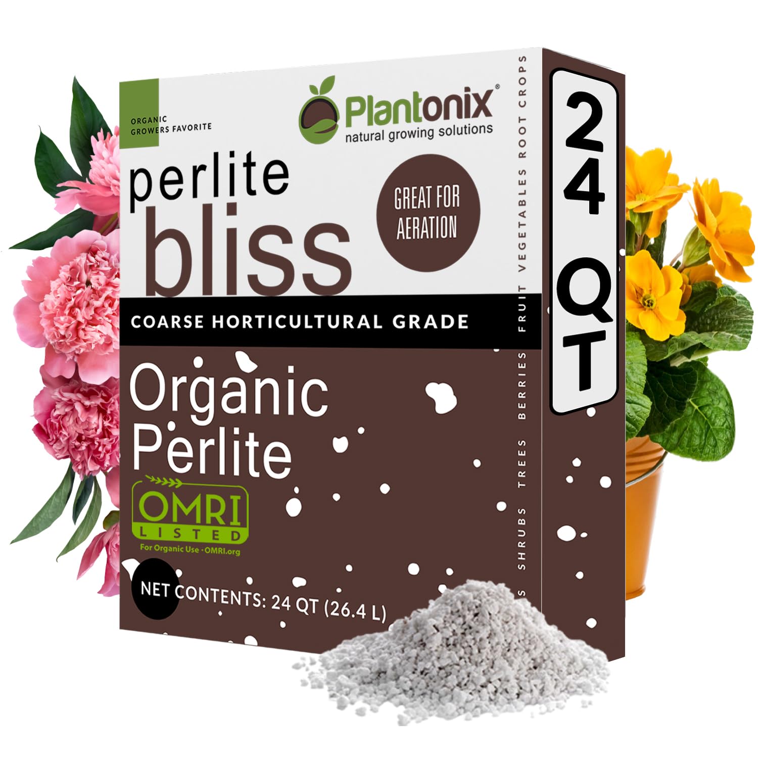 Plantonix Perlite Bliss in a 24 qt bag improves soil structure for indoor and outdoor plants.