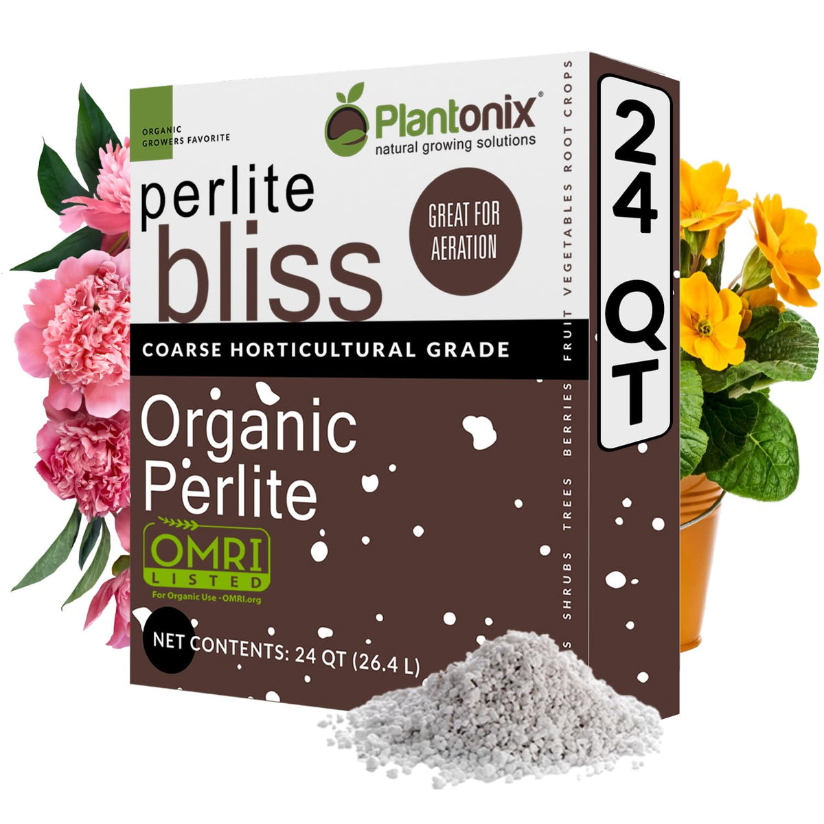 Plantonix Perlite Bliss in a 24 qt bag improves soil structure for indoor and outdoor plants.