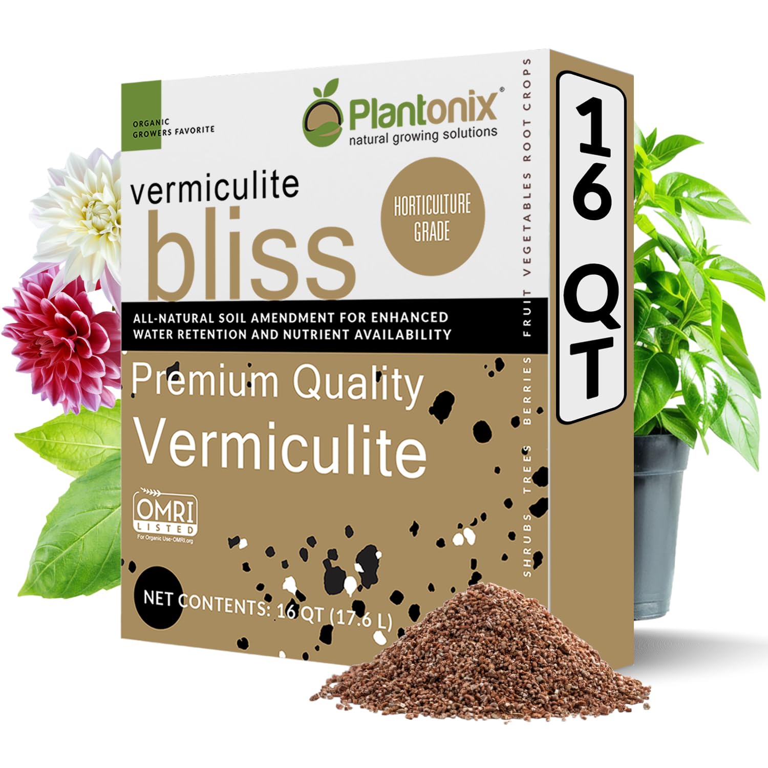 Plantonix Vermiculite Bliss 16qt bag boosts moisture retention for healthier roots.