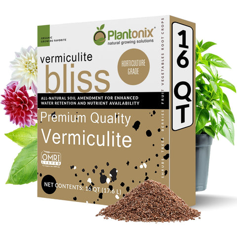 Plantonix Vermiculite Bliss 16qt bag boosts moisture retention for healthier roots.