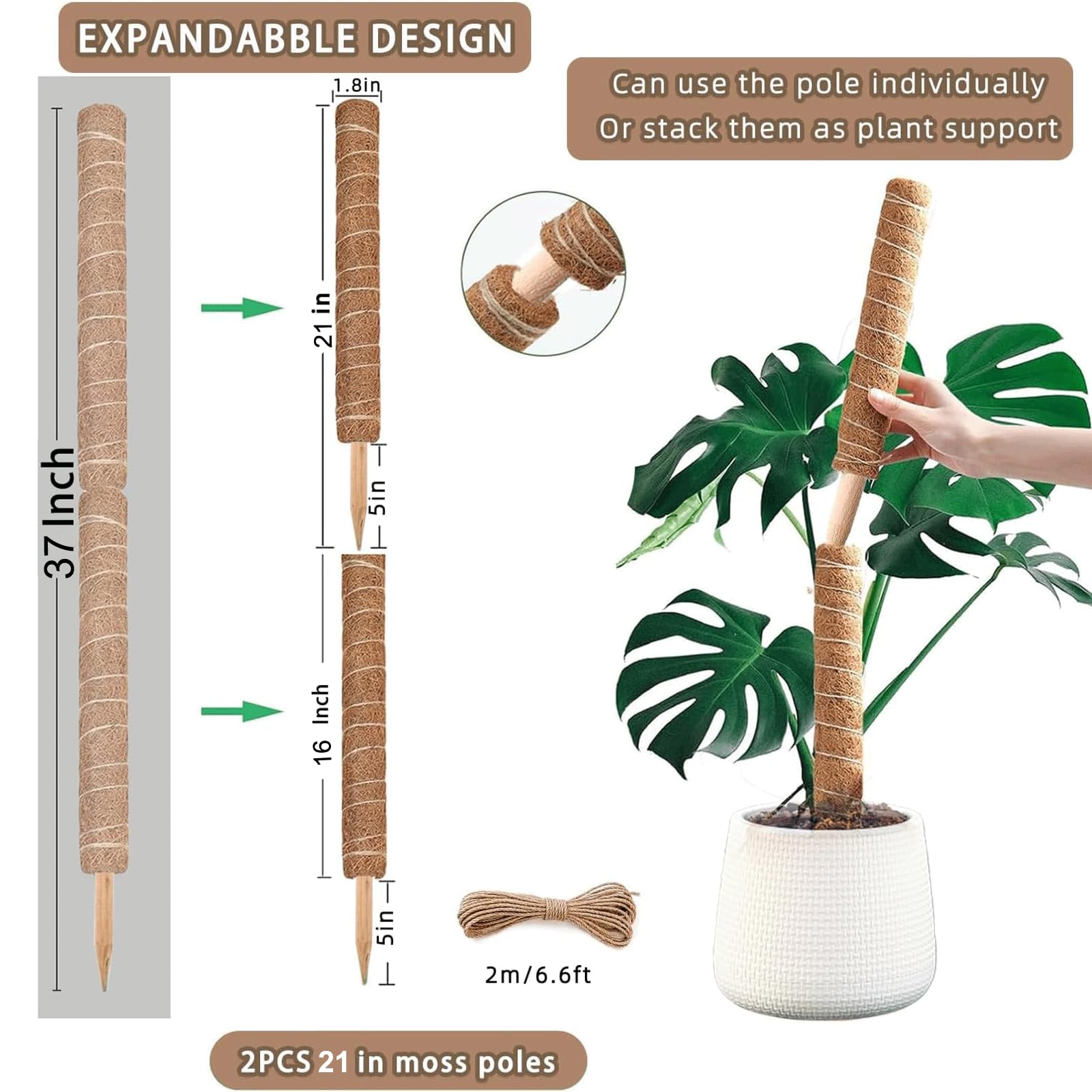 PLANTPOLEX 21-Inch moss pole with natural coir fiber for sturdy support