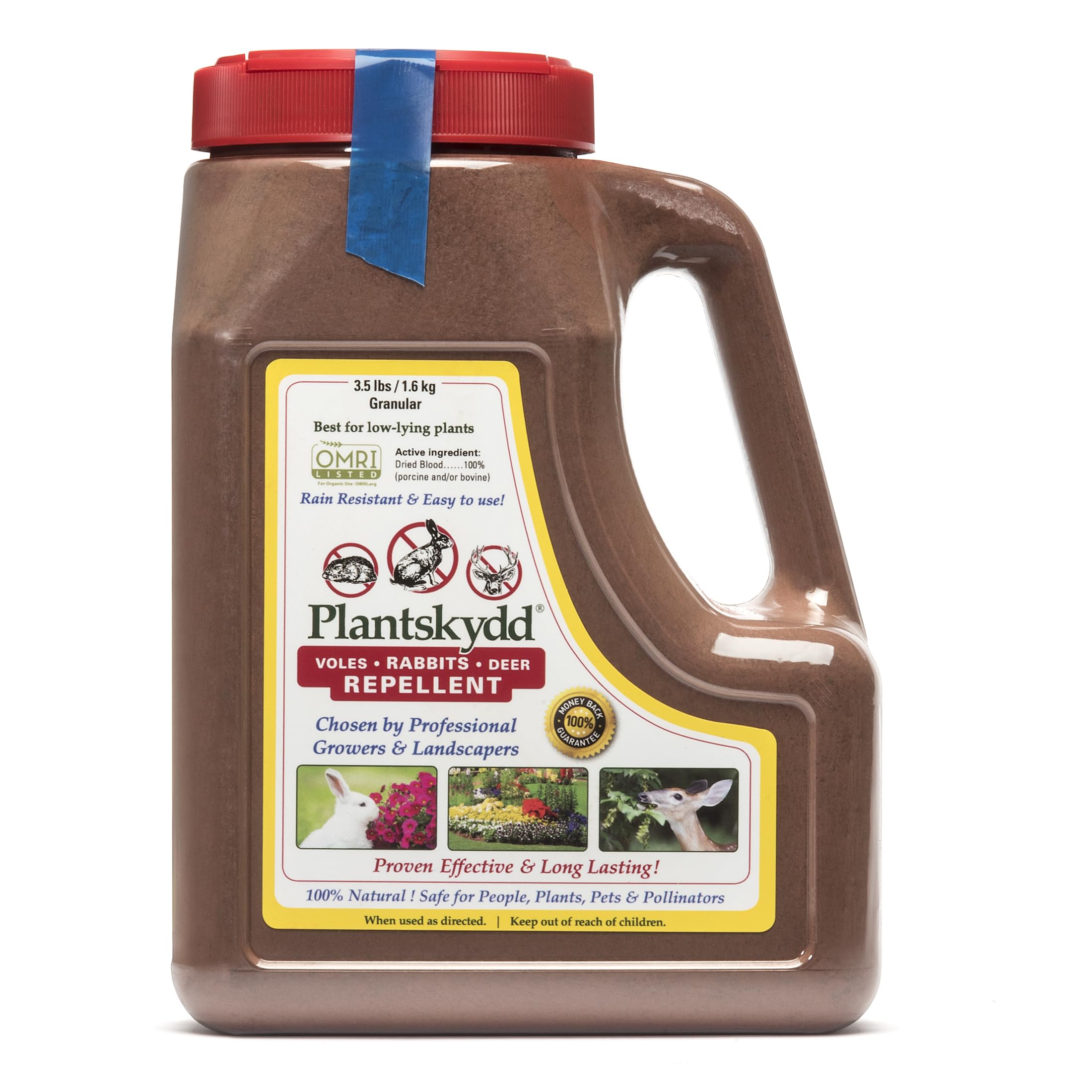 Plantskydd granular shaker jug for year-round garden protection against herbivores.