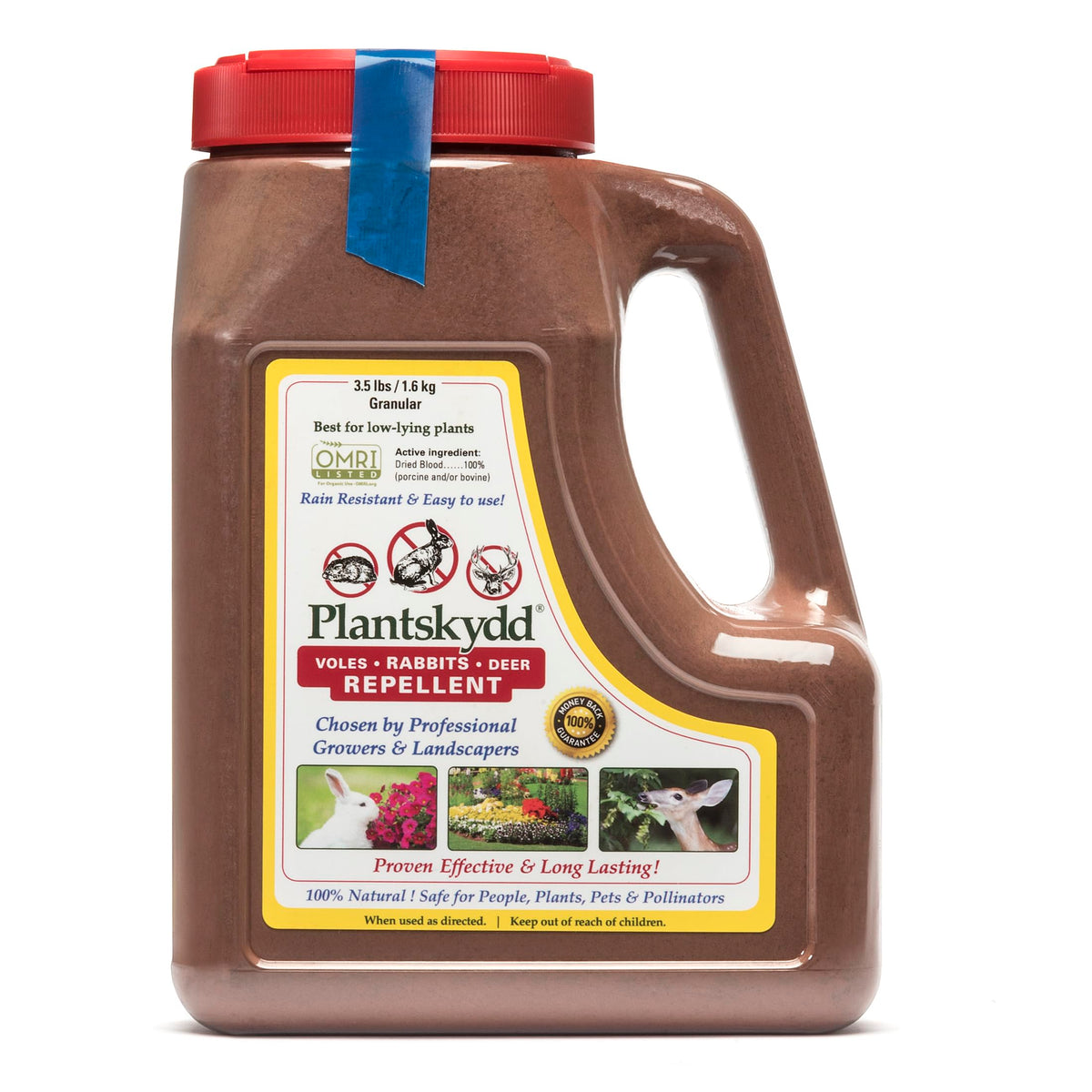 Plantskydd granular shaker jug for year-round garden protection against herbivores.