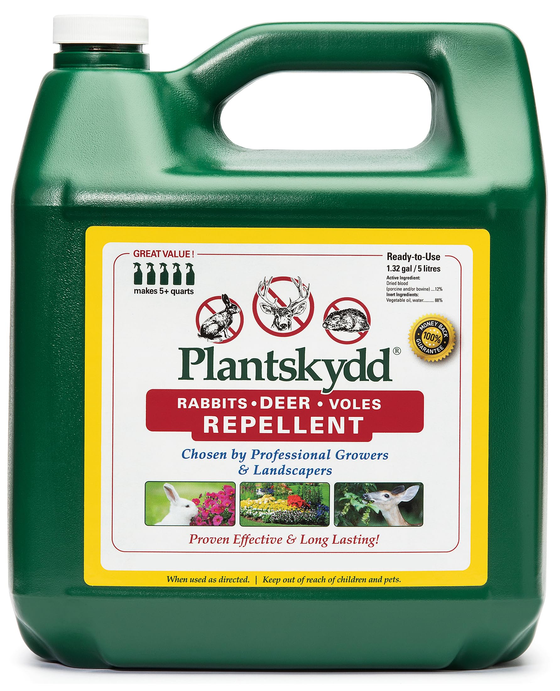Plantskydd liquid bottle 1.3 gallon ready for deer and herbivore protection in gardens.