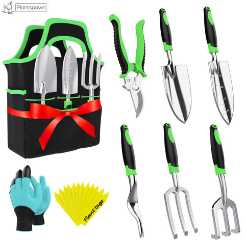 PlantSpawn 8-piece gardening tools set with bag showing organized tote for quick garden sessions.