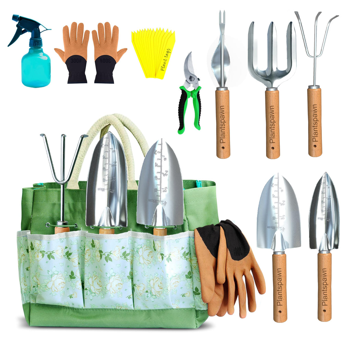 PlantSpawn 9-piece garden tools set with tote bag ready for easy gardening tasks