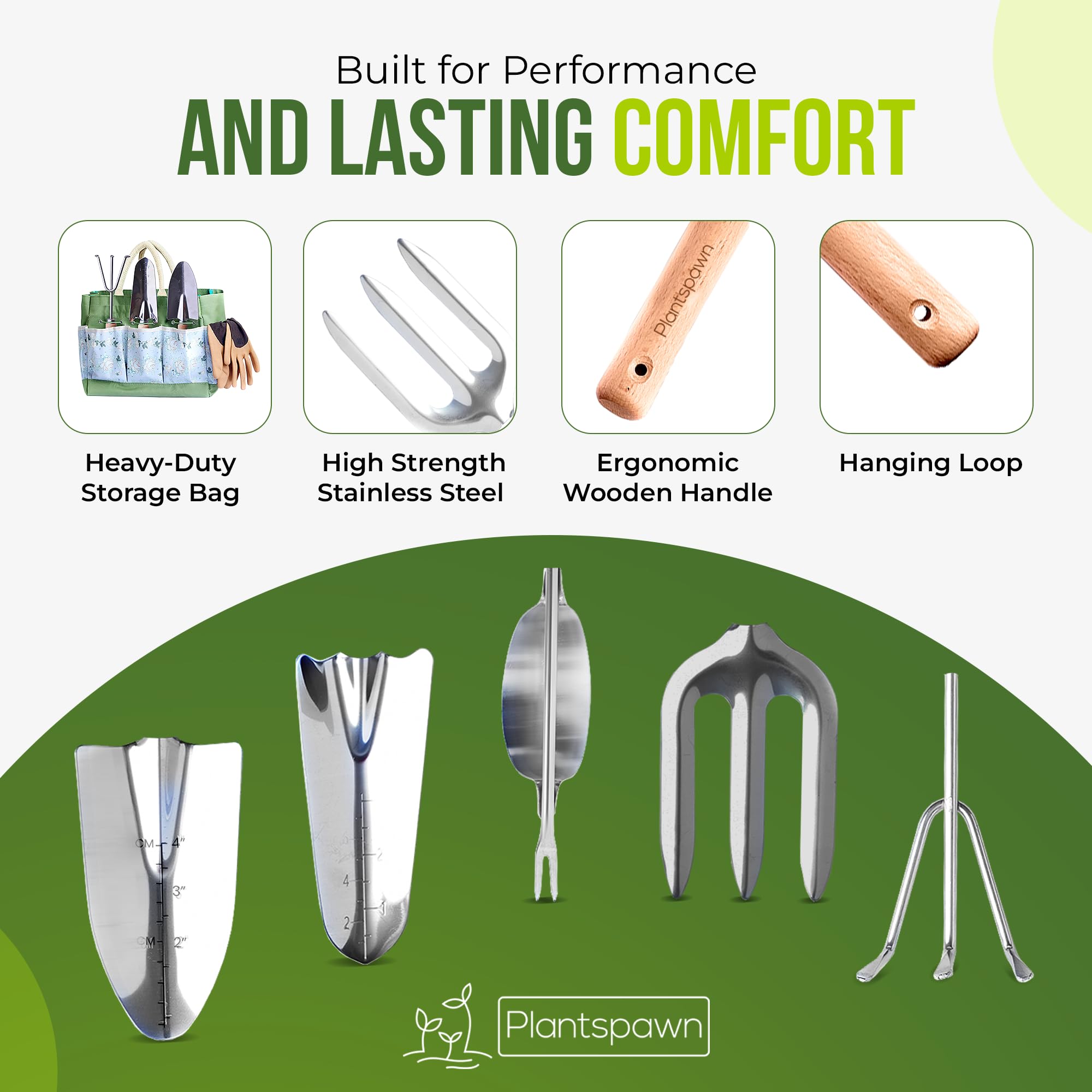 PlantSpawn wooden-handles tools showcasing comfortable, anti-slip grip