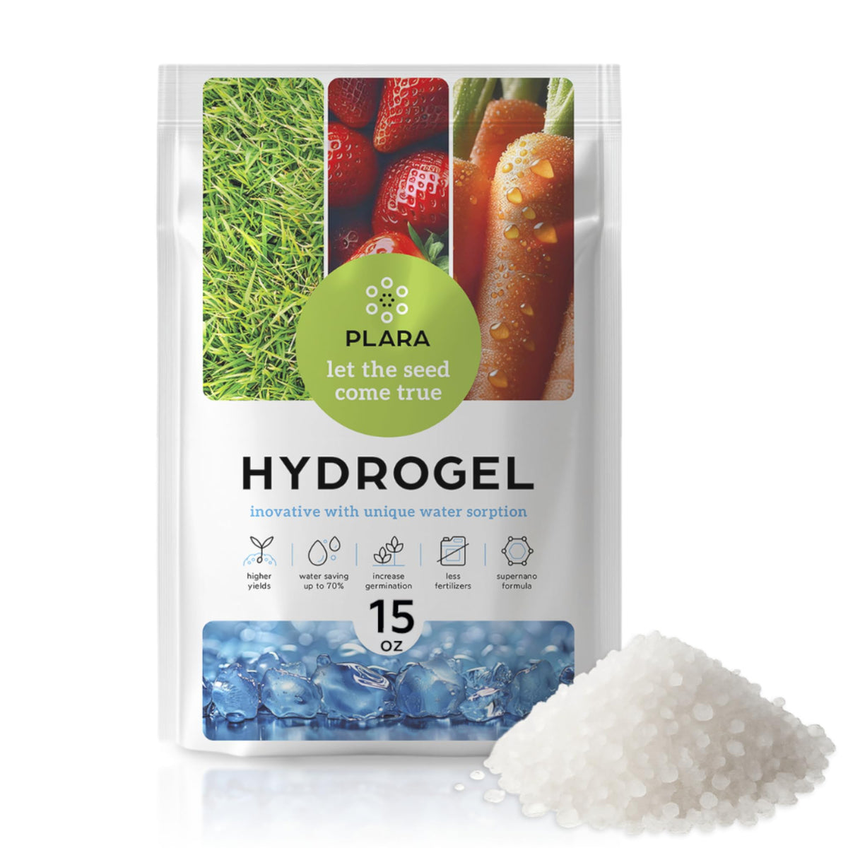 Plara Water Storing Gel 15oz bottle for steady soil moisture around roots.