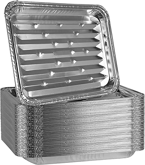 PlasticPro 50-pack grill pans 9x13 with ribbed bottom for grilled texture and easy cleanup.