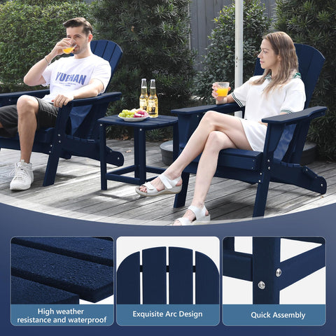 Navy blue Plawdlik table on a patio beside chairs.