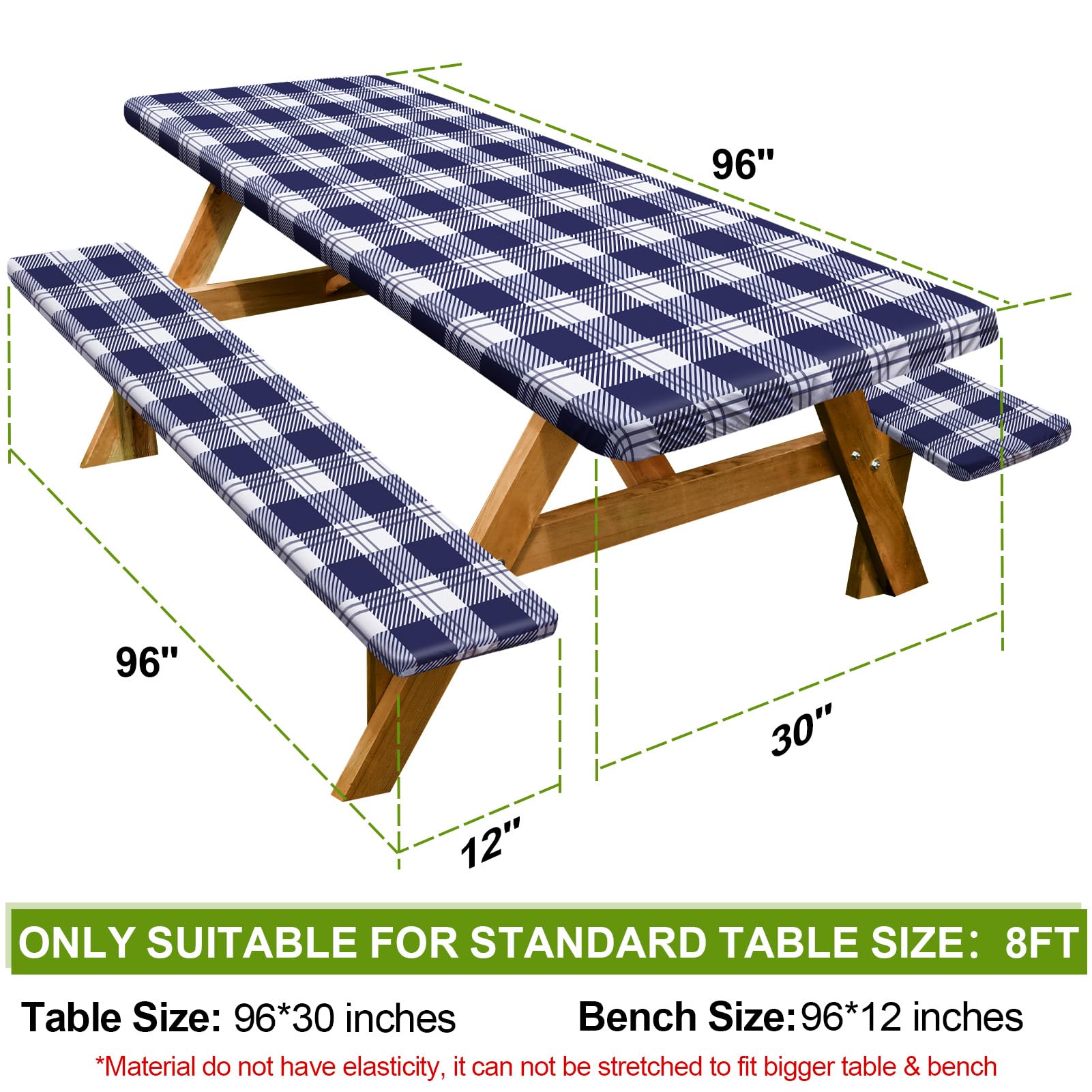 Play Tailor bench cover in blue checkered pattern protects benches outdoors.