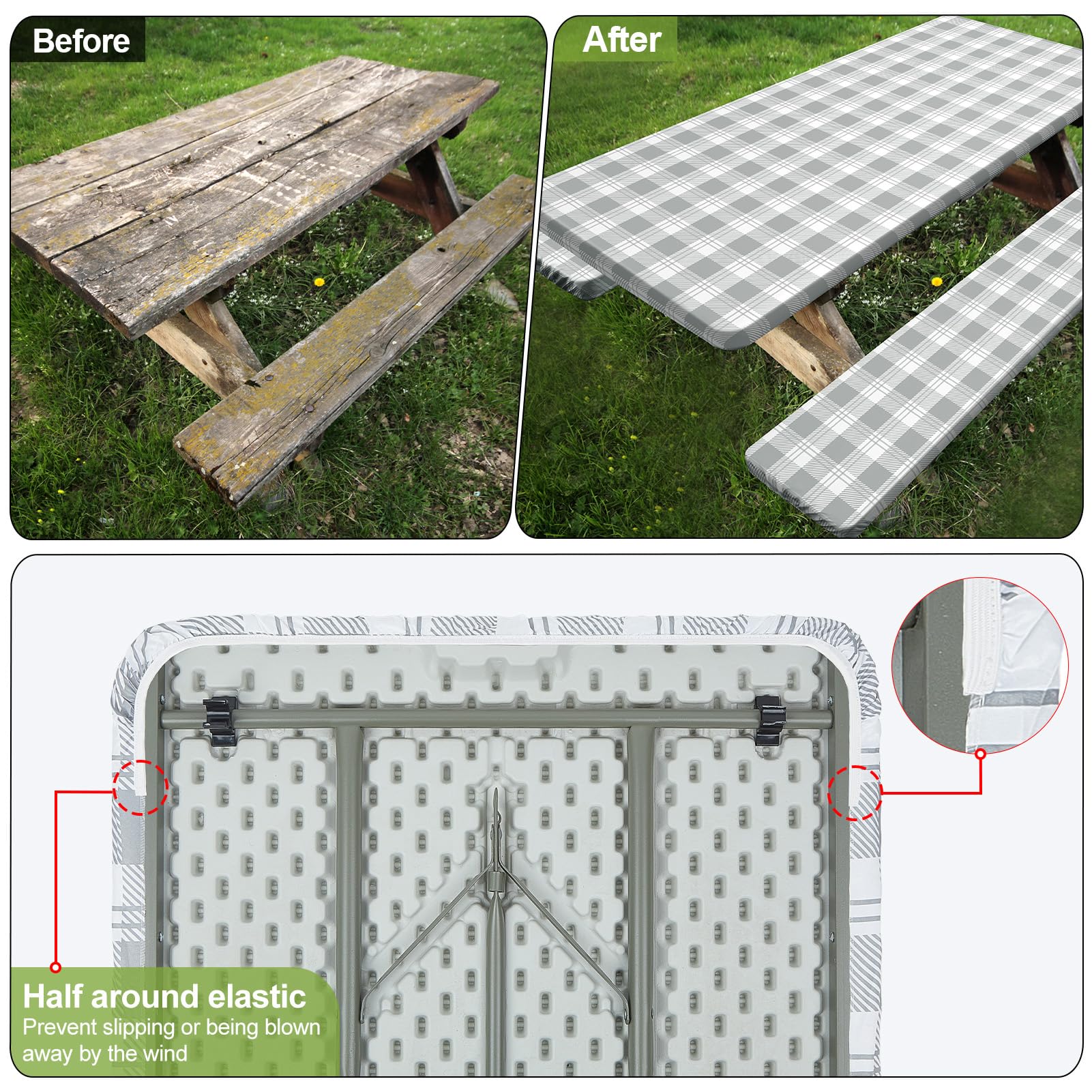 Play Tailor grey checkered pattern detail adds stylish outdoor table setting.