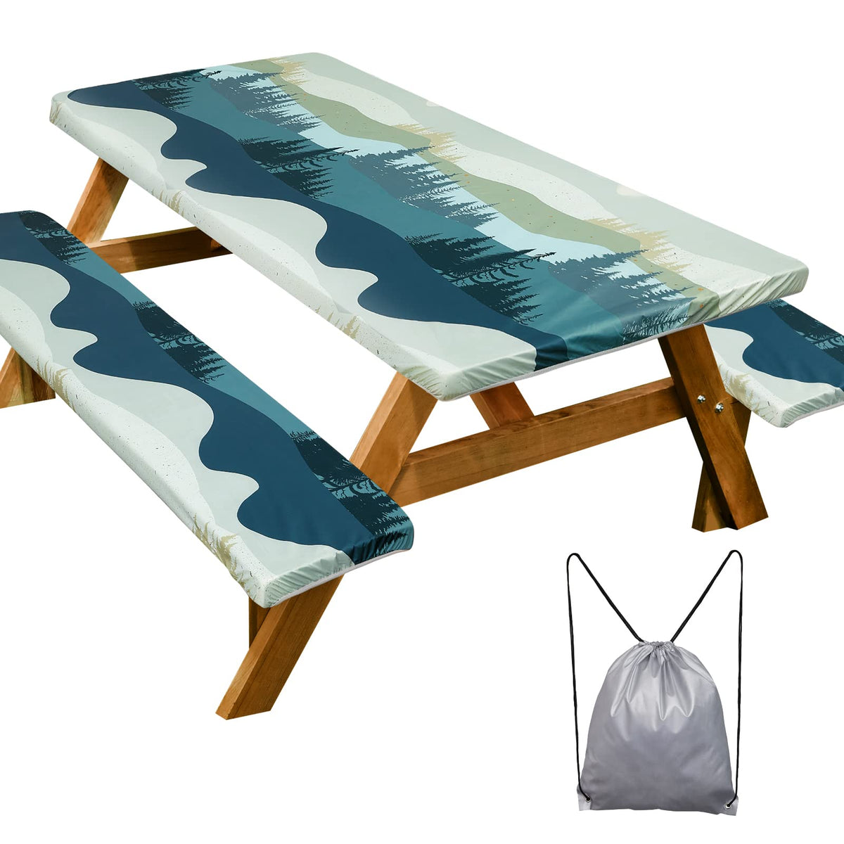 Play Tailor picnic table cover 72-inch green-blue protects surfaces during outdoor meals.